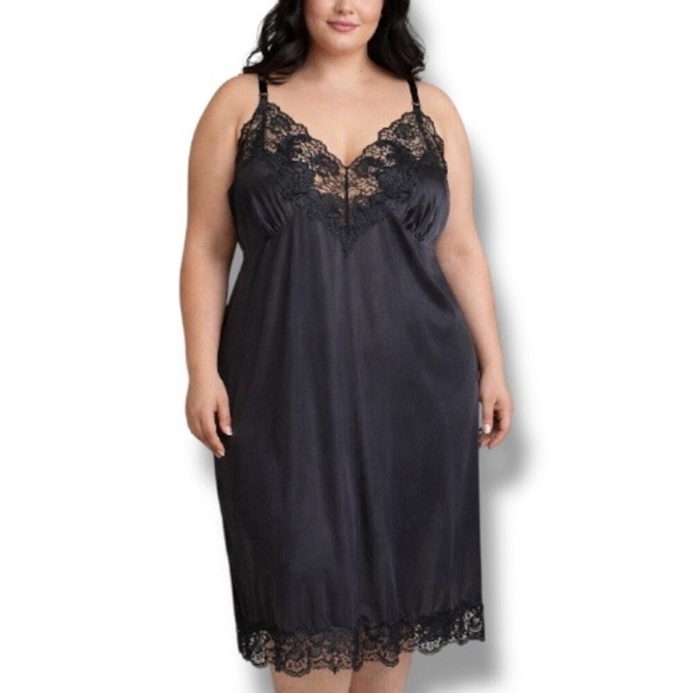 Vintage Black Floral Satin Lace Nylon Slip Dress Adjustable Straps Romantic